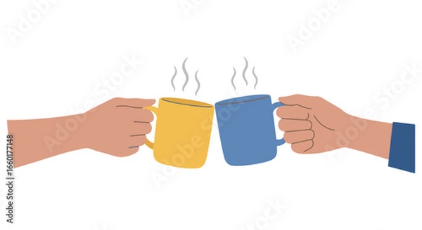 Fototapeta Two hands holding and clinking colorful coffee mugs together in a friendly gesture