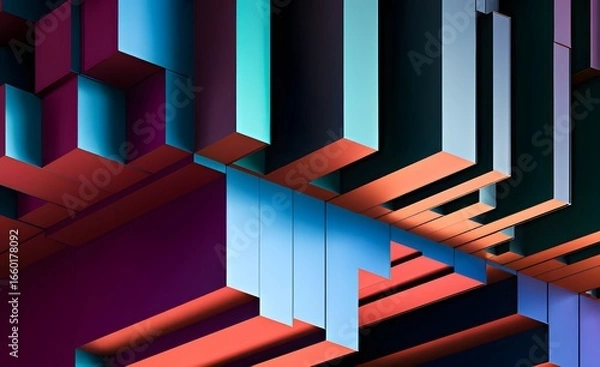 Fototapeta Abstract geometric pattern with vibrant blue and red light effects