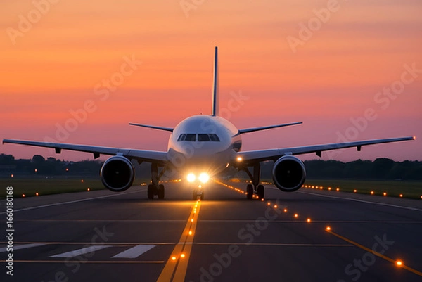Fototapeta A commercial jet is on the runway with its lights on for an early morning flight under a beautiful pink and orange sky