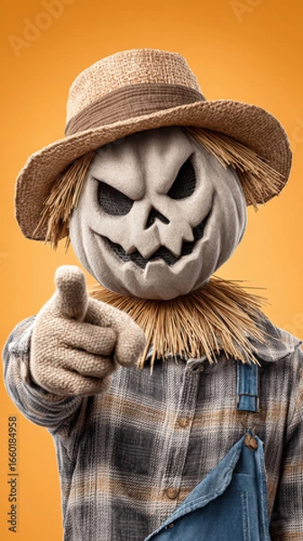 Fototapeta Cheerful scarecrow puppet, whimsical character with a grinning pumpkin head, bright orange background, perfect for Halloween themes.