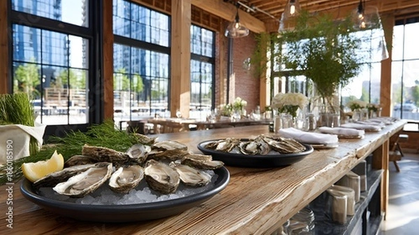 Obraz Elegant Seafood Dining Experience Featuring Fresh Oysters on Ice in a Modern Restaurant Interior