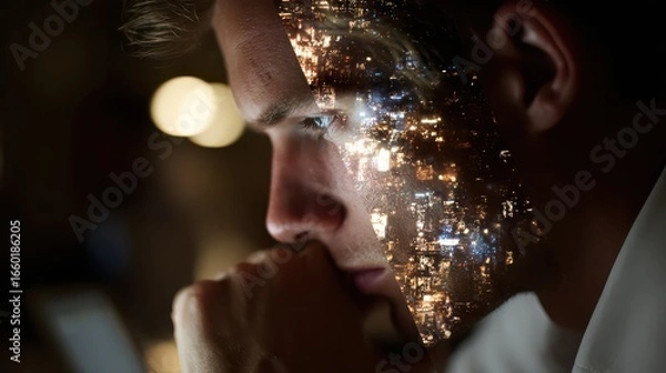 Fototapeta Male figure with city lights overlay, contemplating ideas in a dimly lit environment, showcasing creativity