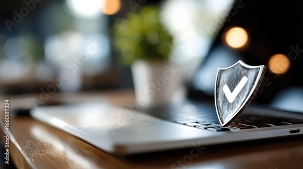 Fototapeta Laptop with security shield symbolizing digital protection and cybersecurity awareness in modern workspace
