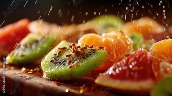 Fototapeta Freshly sliced fruits with water droplets on wooden board showcasing vibrant colors and textures