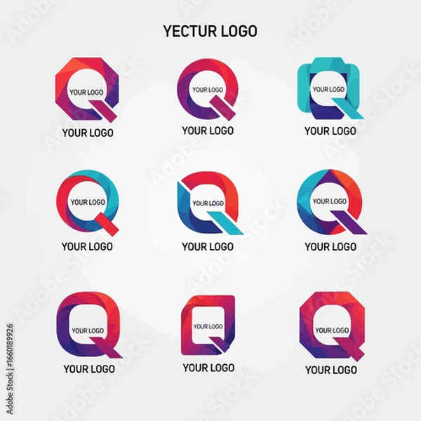 Fototapeta A diverse collection of modern, abstract, and geometrically inspired logo designs featuring the letter Q, ideal for various business branding and corporate identity needs.