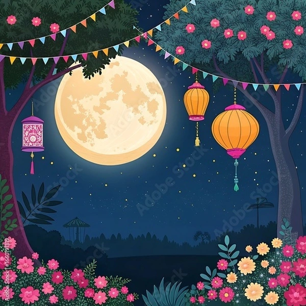 Fototapeta Celebrate Sharad Purnima with a glowing full moon, vibrant lanterns, and festive floral decorations under the night sky
