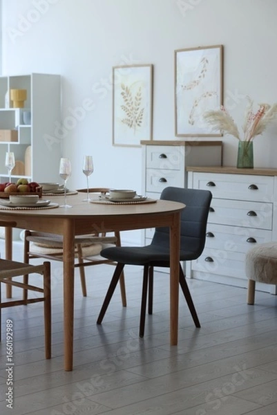 Fototapeta Beautiful table setting, chairs and decor in dining room. Interior design