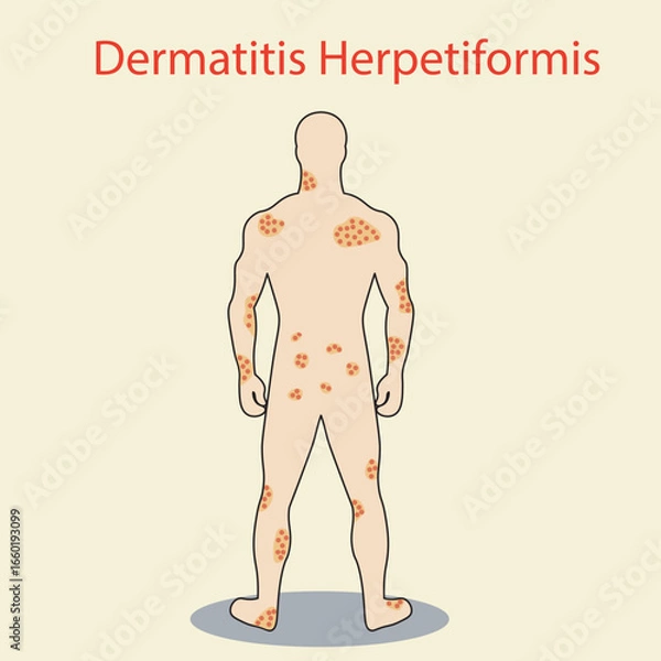 Obraz Dermatitis herpetiformis vector illustration showing itchy, blistering rash on elbows, knees, and buttocks; highlights gluten sensitivity and similarities to eczema and psoriasis.icon