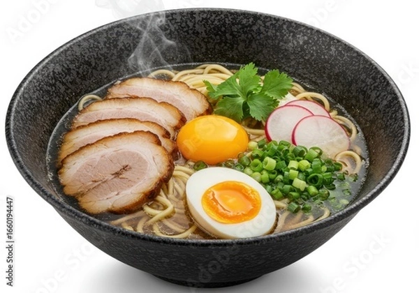Obraz Delicious bowl of steaming hot ramen noodles with pork and egg isolated on white background