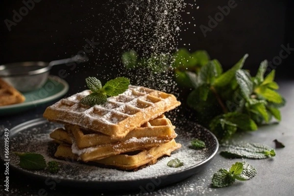 Obraz Stack of delicious waffles dusted with powdered sugar and fresh mint