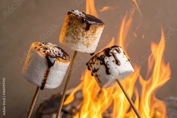 Fototapeta Three marshmallows roasting over a campfire with chocolate drizzle