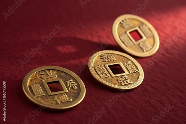 Fototapeta Three antique chinese coins with square holes on a red textured background