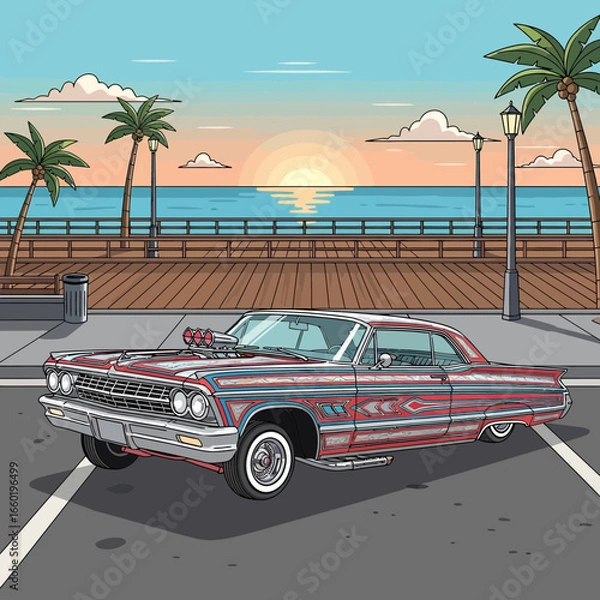 Fototapeta Classic customized car, a vintage lowrider, parked by a scenic beach boardwalk at sunset, evoking a nostalgic concept of carefree summer evenings and unique automotive culture expression.