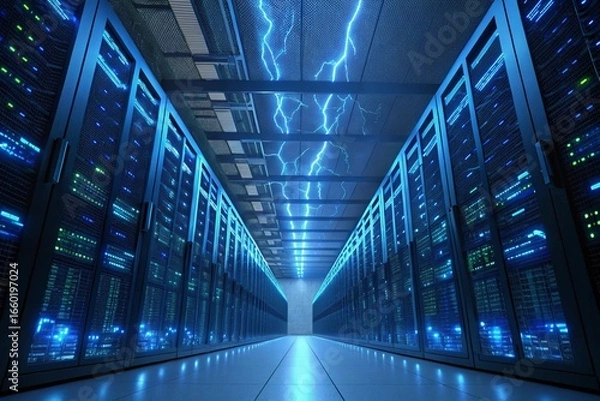 Fototapeta Modern data center server room with glowing blue lights and rows of computer racks