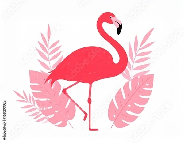 Fototapeta A vibrant pink flamingo stands amidst a backdrop of tropical leaves, showcasing a cheerful and playful design.