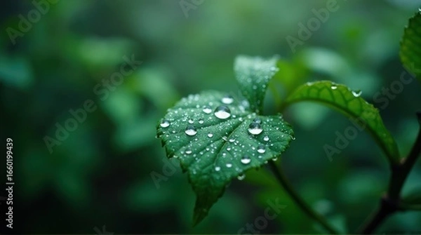 Fototapeta Green Leaf with Water Droplets on Surface in Lush Outdoor Setting