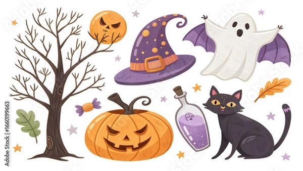 Fototapeta Halloween Icons Set with Pumpkin, Ghost, Cat, and Hat Illustration