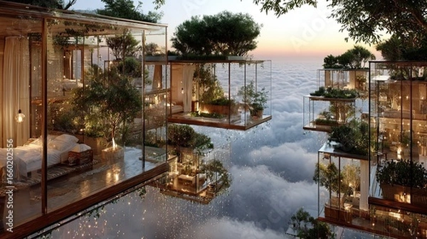 Fototapeta Futuristic glass houses surrounded by lush greenery floating above clouds at sunset