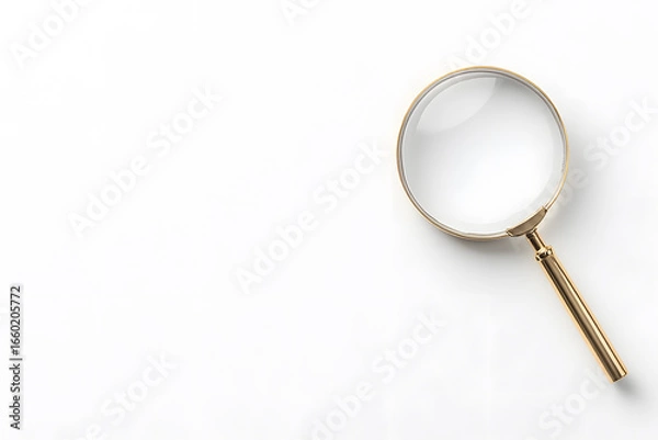 Fototapeta Classic magnifying glass with black handle isolated on white background. Realistic lens icon for search, zoom, research, detective, discovery and educational projects.