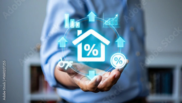 Fototapeta Conceptual image showcasing real estate interest rates and market trends presented in a futuristic digital interface with a man holding the holographic projection in his palm