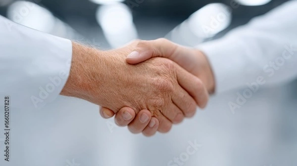 Fototapeta A close-up of two hands shaking in a professional setting, symbolizing partnership and agreement