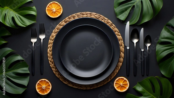 Fototapeta Elegant Black Table Setting with Tropical Monstera Leaves and Citrus Accents for Luxurious Dining Experience and Creative Content Creation