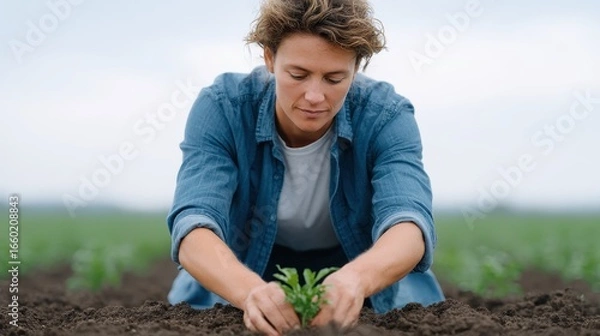 Fototapeta A dedicated individual carefully plants a young seedling in rich soil, showcasing the importance of sustainable agriculture and personal connection to nature in environmental stewa