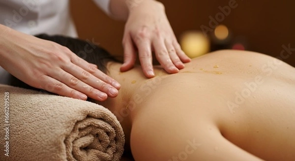Fototapeta A persons back is being massaged with hands that are covered in oil A rolled towel is present