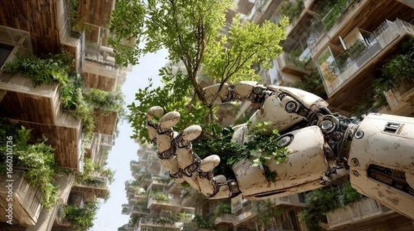 Fototapeta Robotic hand gently holding a small plant in a futuristic urban environment with greenery