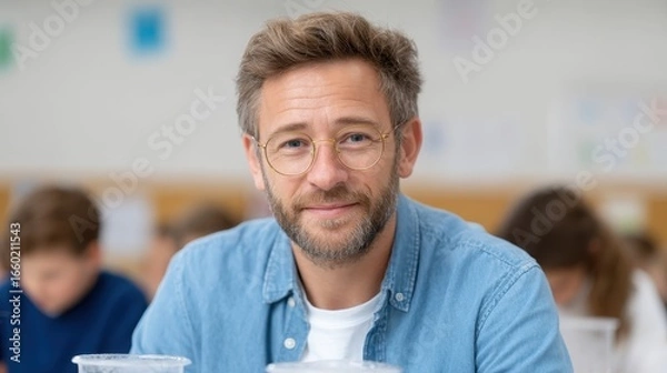 Fototapeta A smiling man in casual attire, with glasses, seated in a modern, bright environment