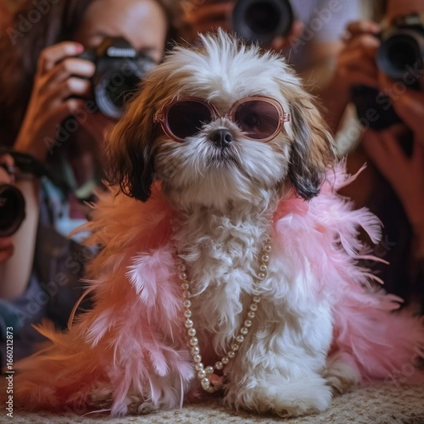 Obraz International Dog Day concept: Shih Tzu puppy as celebrity wearing feather boa and sunglasses, paparazzi taking photos, funny and cute, pet holiday social media post