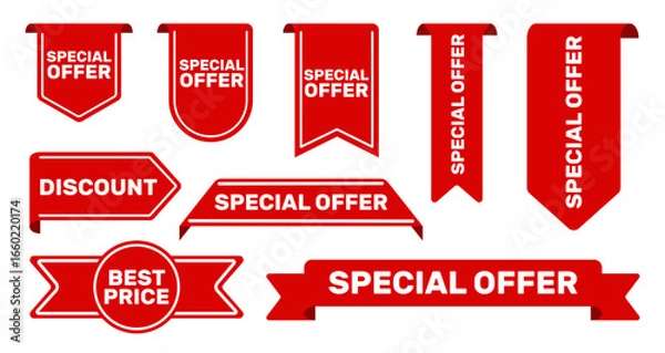 Obraz Set of new stickers, sale tags and labels. Shopping stickers and badges for merchandise and promotion, special offer, new collection, discount etc. Red stickers for web banners