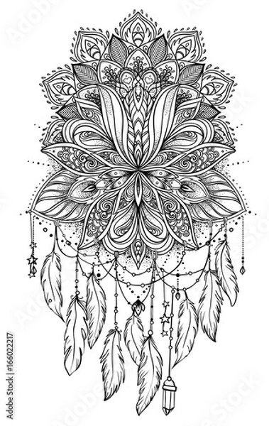 Fototapeta Hand drawn Native American Indian talisman dreamcatcher with feathers and moon. Vector hipster illustration isolated on white. Ethnic design, boho chic, tribal symbol.
