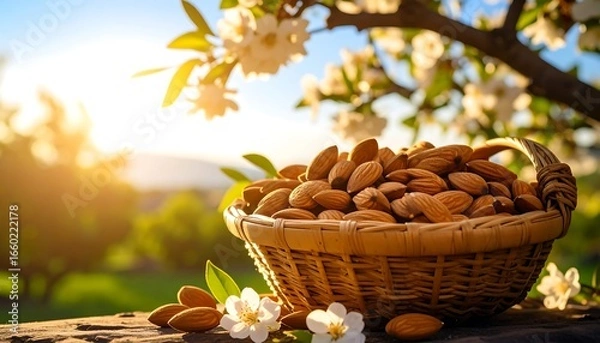 Obraz Almonds in a basket, spring blossoms