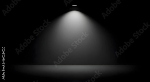 Obraz Bright spotlight illuminating an empty dark stage or studio room, creating a dramatic focal point for presentation or display.