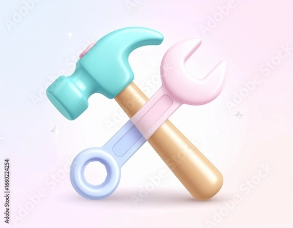 Fototapeta Pastel-toned hammer and wrench crossed against a soft, gradient background, displaying a charming and playful design for a tools icon.
