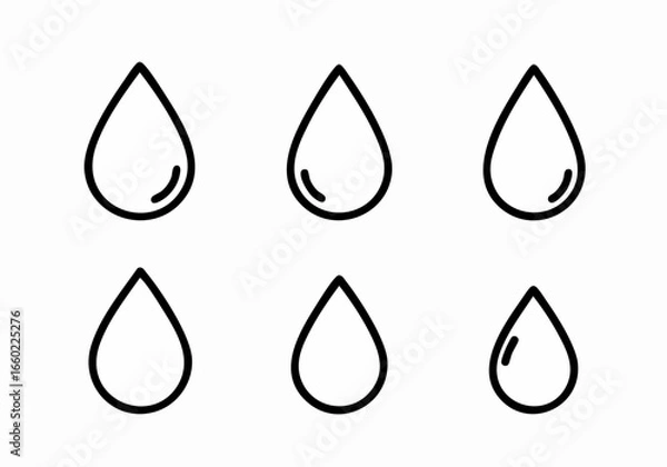 Fototapeta Six minimalist black outline water droplet icons, symbolizing hydration, purity, and liquid concepts on a clean white background.