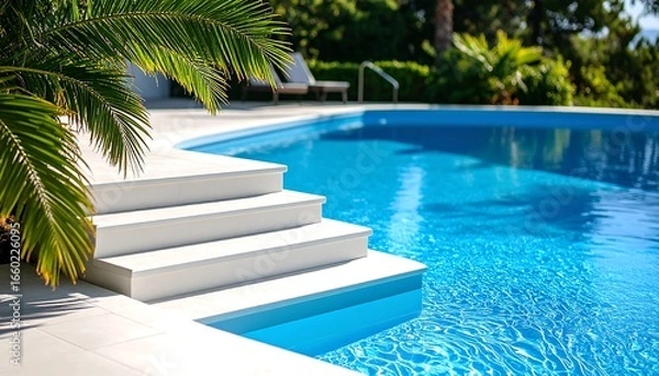 Fototapeta Luxury Pool Steps with Sunny Resort.
