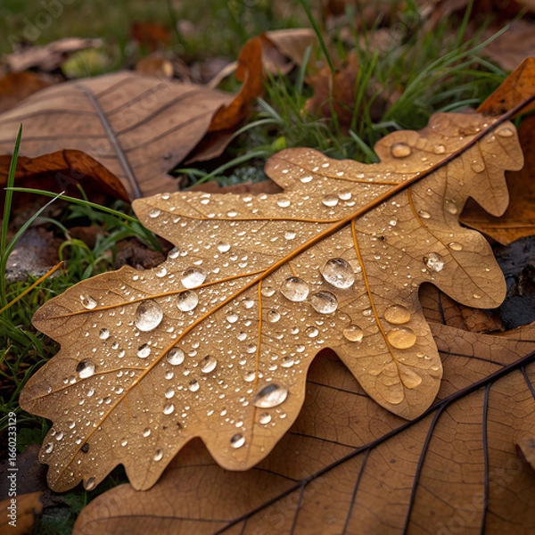 Fototapeta Close-up of a dry oak leaf with water droplets lying on grass and other leaves