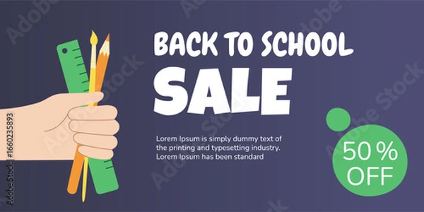 Fototapeta Dark blue Banner with Back to school Sale message. Vector hand with stationery
