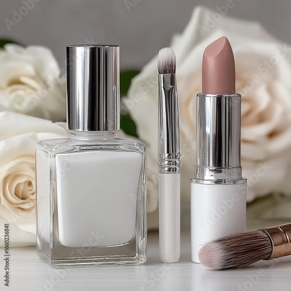 Fototapeta Elegant makeup set with roses and brushes.