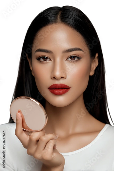Fototapeta Element Isolated Transparent Woman holding a mirror with perfect makeup. PNG DIE-CUT for advertising