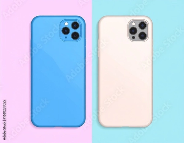 Fototapeta Vector mockup of plain smartphone case, front and back view, isolated on pastel gradient background, clean and stylish accessory template.