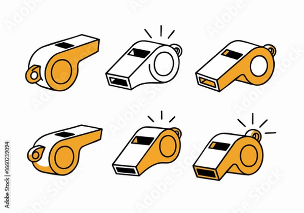Fototapeta Set of cartoon isometric whistles, some blowing with sound lines, in orange and white outline style for sports and events.