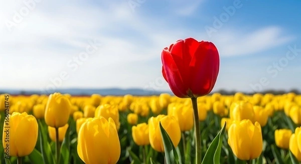 Fototapeta Red Tulip Standing Out in Yellow Tulip Field.