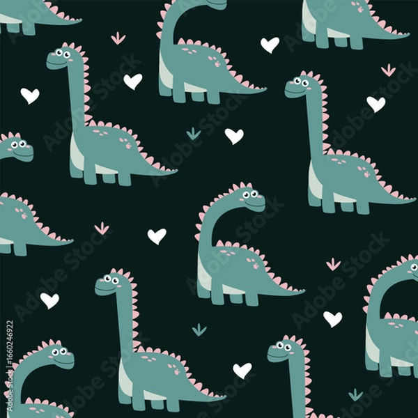 Obraz brontosaurus dinosaur green cute cartoon seamless pattern design for kids apparel fullprint fabric