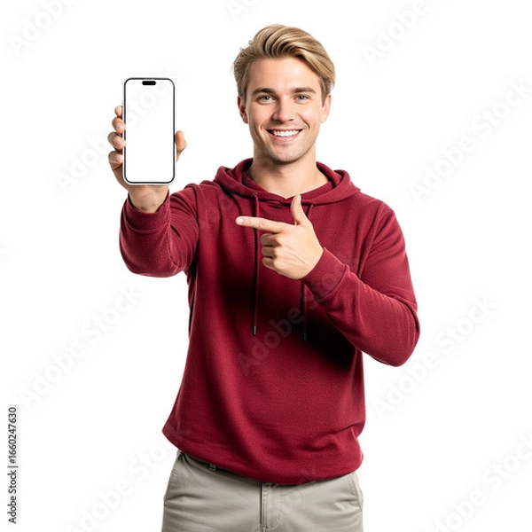 Fototapeta young man holding a phone and pointing it isolated on white
