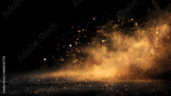 Fototapeta Explosion of golden particles over a dark backdrop