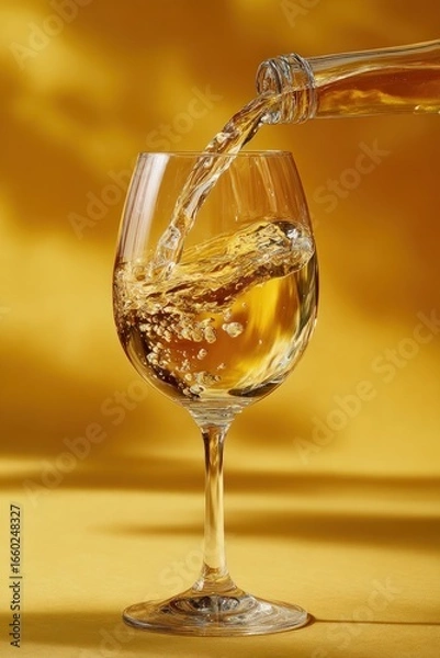 Obraz A clear beverage pours from a bottle into a stemmed glass, filled with swirling liquid, against a golden backdrop