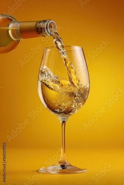 Obraz A bottle pours golden liquid into a stemmed glass, creating a dynamic splash against an amber backdrop